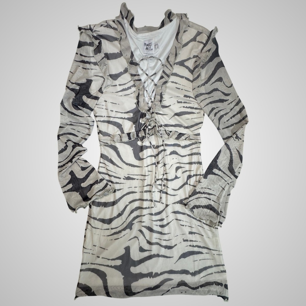 Princess Polly Fallon Mini Dress‎ Brown Zebra Mesh Lace Up Long Sleeve Womens 8